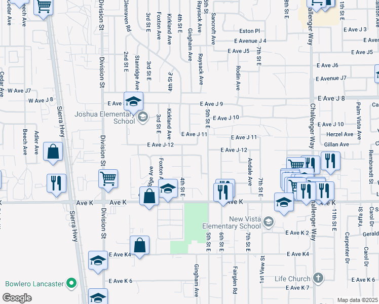 map of restaurants, bars, coffee shops, grocery stores, and more near 415 East Avenue J 13 in Lancaster