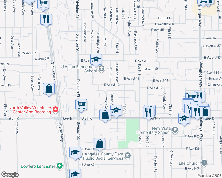 map of restaurants, bars, coffee shops, grocery stores, and more near 309 East Avenue J 13 in Lancaster