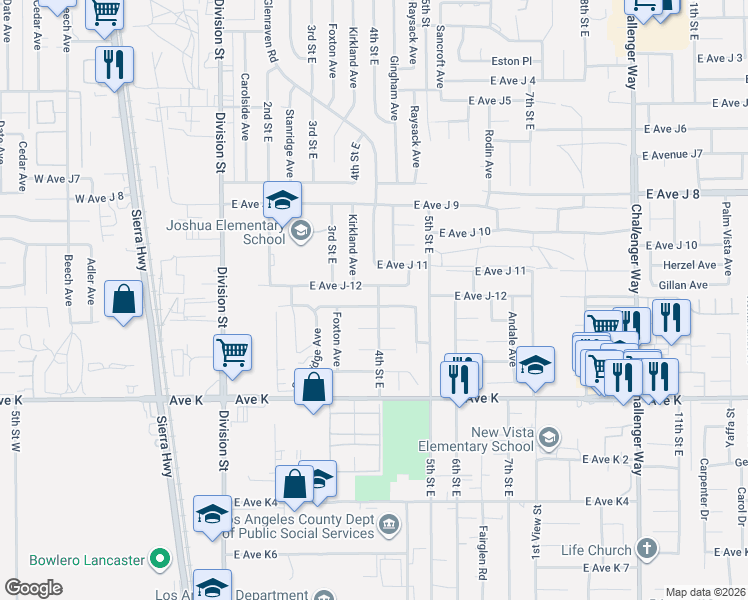 map of restaurants, bars, coffee shops, grocery stores, and more near 43760 4th Street East in Lancaster