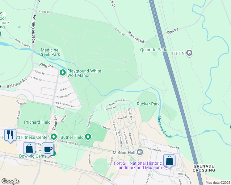 map of restaurants, bars, coffee shops, grocery stores, and more near Quinette Road in Lawton
