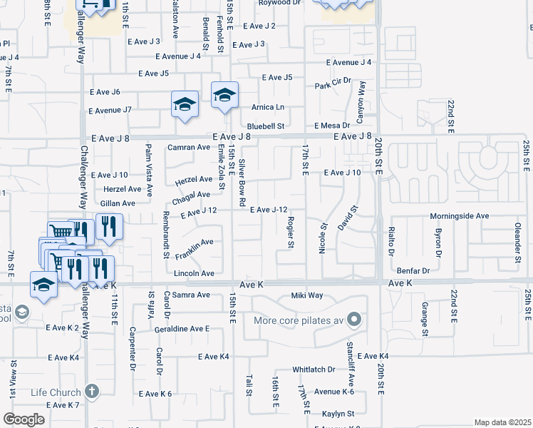 map of restaurants, bars, coffee shops, grocery stores, and more near 1604 East Avenue J-12 in Lancaster