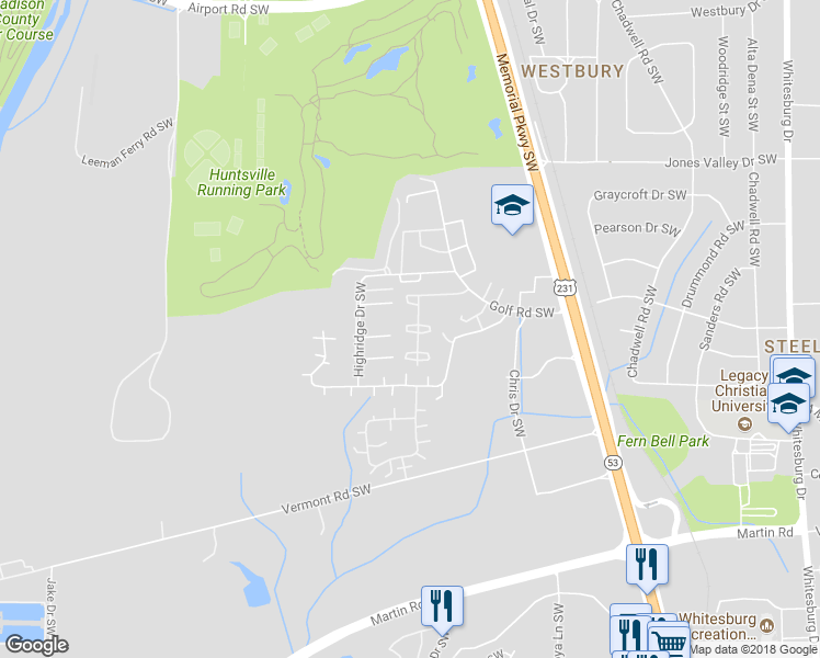 map of restaurants, bars, coffee shops, grocery stores, and more near 2224 Colony Drive Southwest in Huntsville