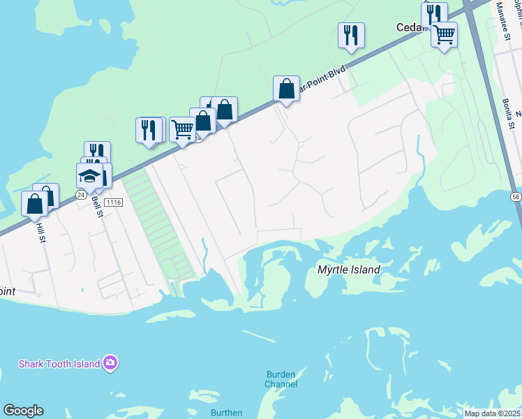 map of restaurants, bars, coffee shops, grocery stores, and more near 121 Casey Court in Cedar Point