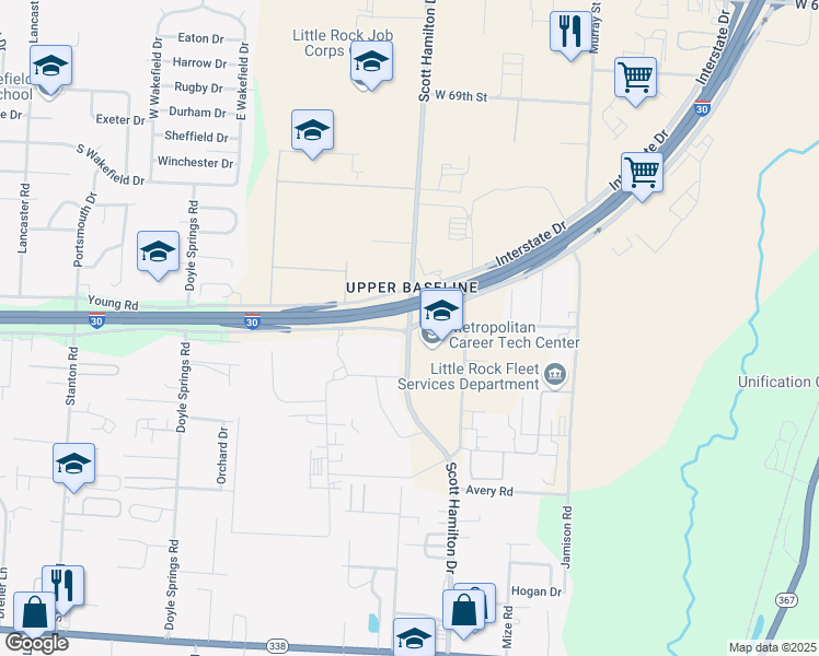 map of restaurants, bars, coffee shops, grocery stores, and more near 7701 Scott Hamilton Drive in Little Rock