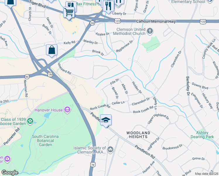 map of restaurants, bars, coffee shops, grocery stores, and more near 100 Broad Street in Clemson