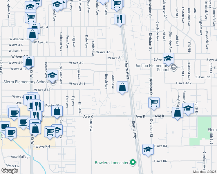 map of restaurants, bars, coffee shops, grocery stores, and more near 43750 Beech Avenue in Lancaster