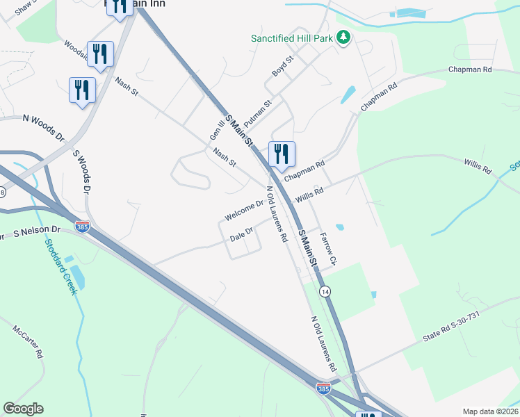 map of restaurants, bars, coffee shops, grocery stores, and more near 101 Welcome Dr in Fountain Inn