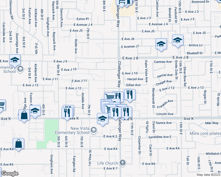 map of restaurants, bars, coffee shops, grocery stores, and more near East Avenue J-12 in Lancaster