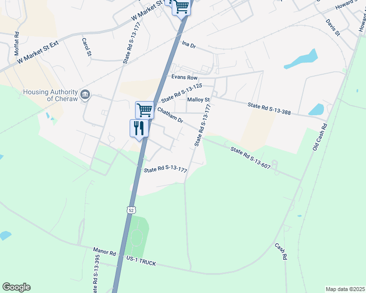map of restaurants, bars, coffee shops, grocery stores, and more near 376 Oak Street in Cheraw