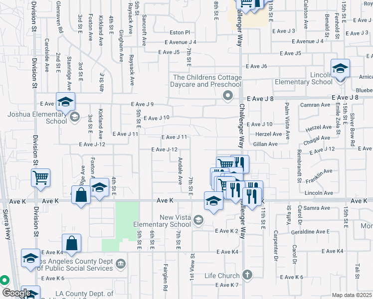 map of restaurants, bars, coffee shops, grocery stores, and more near 647 East Avenue J12 in Lancaster