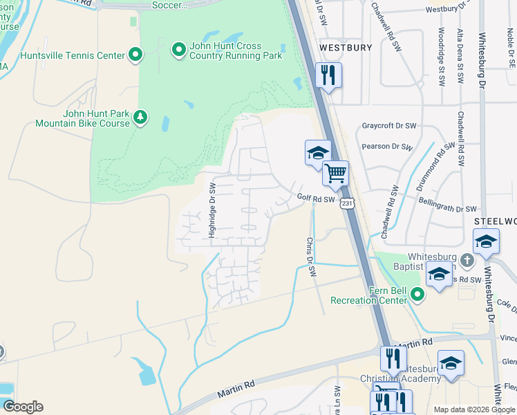 map of restaurants, bars, coffee shops, grocery stores, and more near 4111 Hunters Ridge Drive Southwest in Huntsville