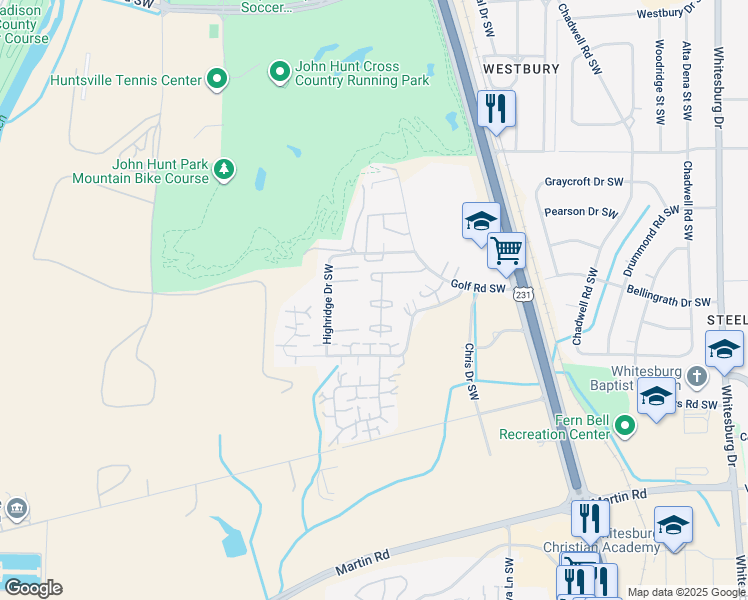 map of restaurants, bars, coffee shops, grocery stores, and more near 2224 Colony Drive Southwest in Huntsville