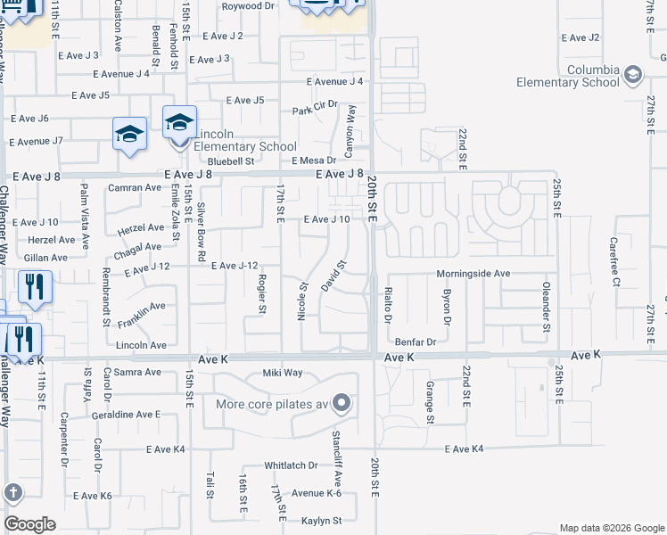 map of restaurants, bars, coffee shops, grocery stores, and more near 43761 David Street in Lancaster