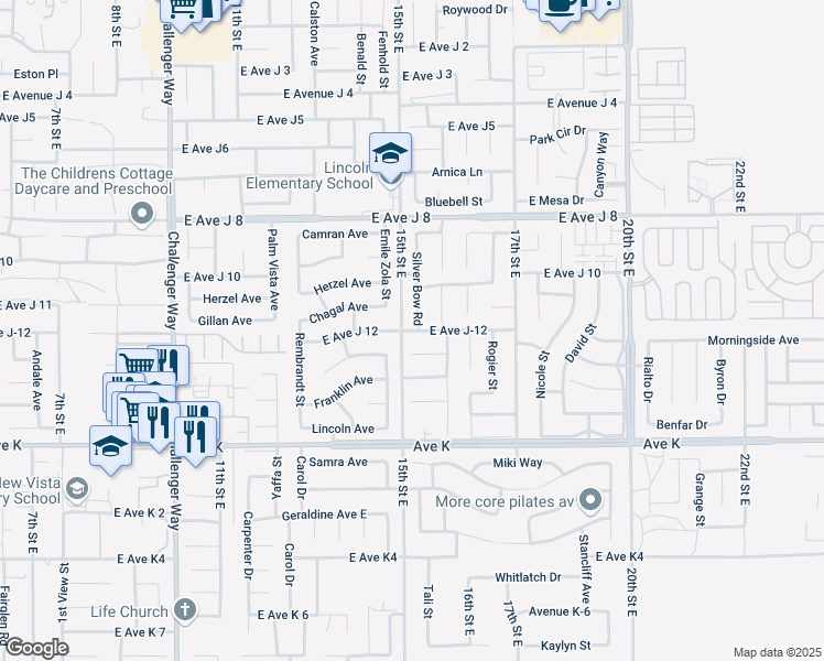 map of restaurants, bars, coffee shops, grocery stores, and more near East Avenue J 12 in Lancaster