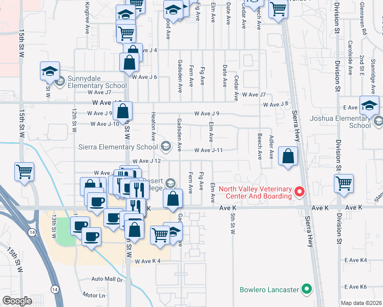map of restaurants, bars, coffee shops, grocery stores, and more near Avenue J-11 in Lancaster