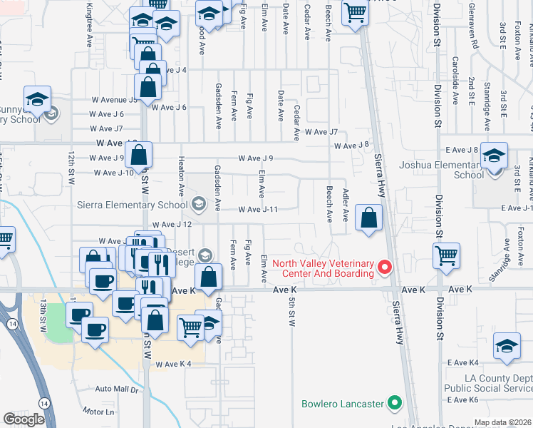 map of restaurants, bars, coffee shops, grocery stores, and more near 527 West Avenue J 12 in Lancaster