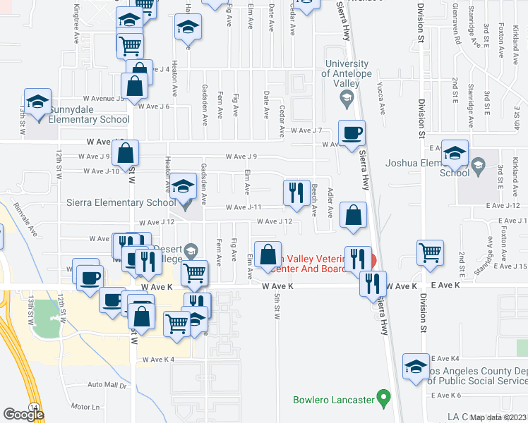map of restaurants, bars, coffee shops, grocery stores, and more near 534 West Avenue J11 in Lancaster