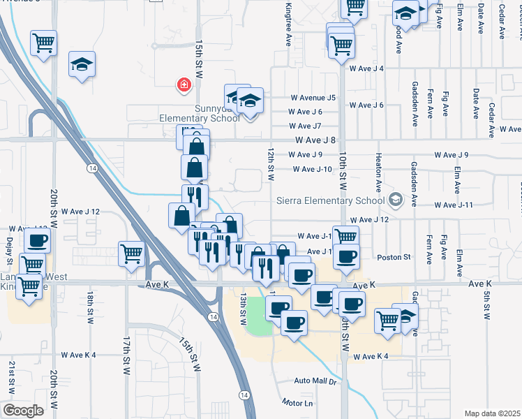map of restaurants, bars, coffee shops, grocery stores, and more near 43822 Loneoak Avenue in Lancaster