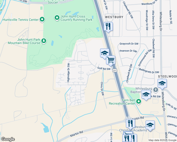 map of restaurants, bars, coffee shops, grocery stores, and more near 4111 Hunters Ridge Drive Southwest in Huntsville
