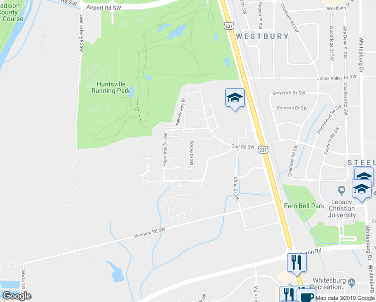 map of restaurants, bars, coffee shops, grocery stores, and more near 2224 Colony Drive Southwest in Huntsville