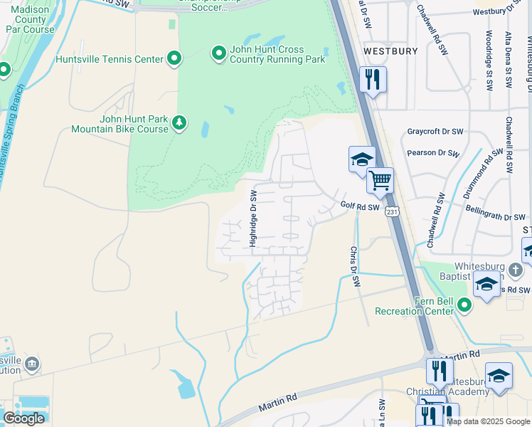 map of restaurants, bars, coffee shops, grocery stores, and more near 2021 Highridge Drive Southwest in Huntsville