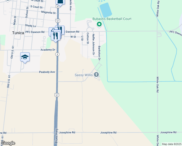 map of restaurants, bars, coffee shops, grocery stores, and more near 1219-1295 Henderson Meadows Drive in Tunica