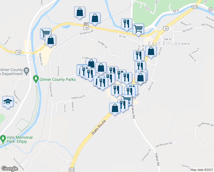 map of restaurants, bars, coffee shops, grocery stores, and more near 97 Hefner Street in Ellijay