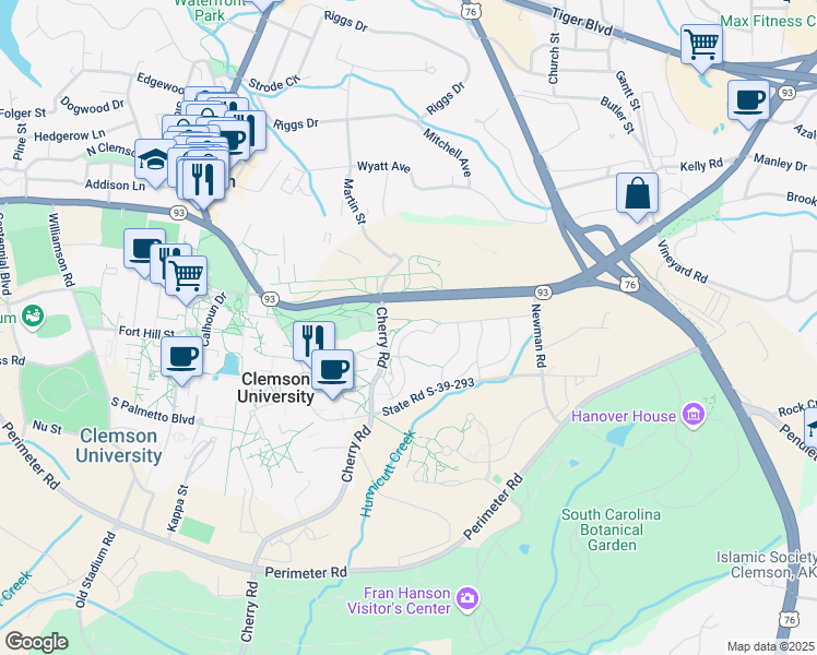 map of restaurants, bars, coffee shops, grocery stores, and more near Cherry Road in Clemson