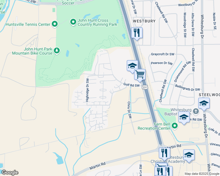 map of restaurants, bars, coffee shops, grocery stores, and more near 4111 Hunters Ridge Drive Southwest in Huntsville