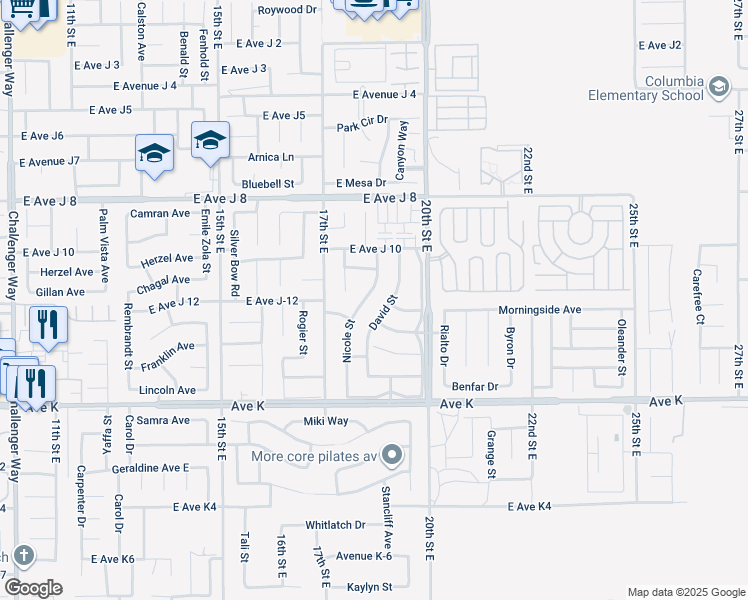 map of restaurants, bars, coffee shops, grocery stores, and more near 43764 Nicole Street in Lancaster