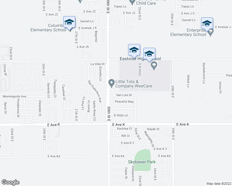map of restaurants, bars, coffee shops, grocery stores, and more near 3029 San Luis Drive in Lancaster