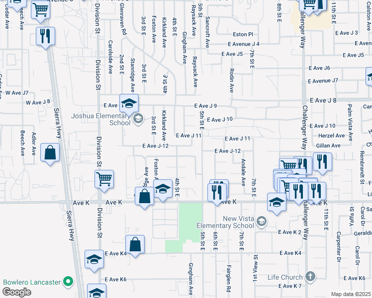 map of restaurants, bars, coffee shops, grocery stores, and more near 442 East Avenue J-12 in Lancaster