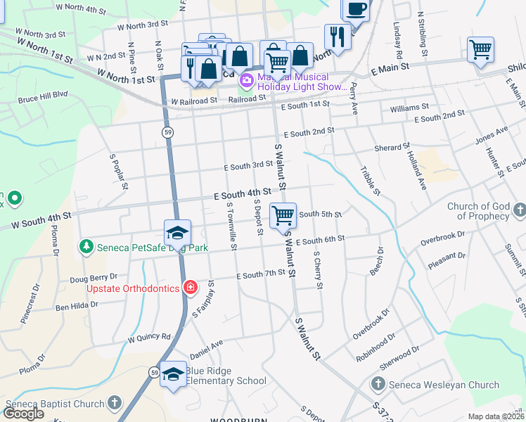 map of restaurants, bars, coffee shops, grocery stores, and more near 309 East South 5th Street in Seneca