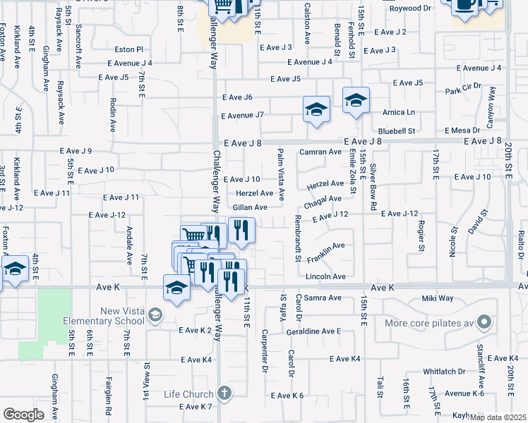 map of restaurants, bars, coffee shops, grocery stores, and more near 1118 Chagal Avenue in Lancaster