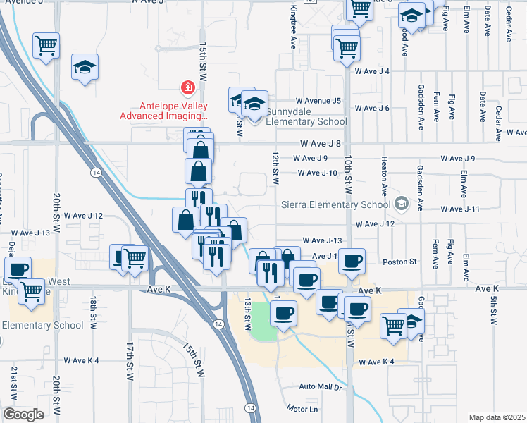 map of restaurants, bars, coffee shops, grocery stores, and more near 43822 Loneoak Avenue in Lancaster