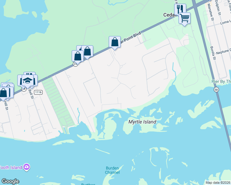 map of restaurants, bars, coffee shops, grocery stores, and more near 107 Casey Court in Cedar Point