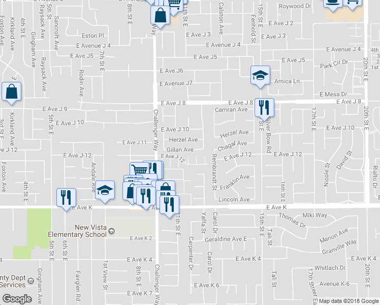 map of restaurants, bars, coffee shops, grocery stores, and more near 1118 Chagal Avenue in Lancaster