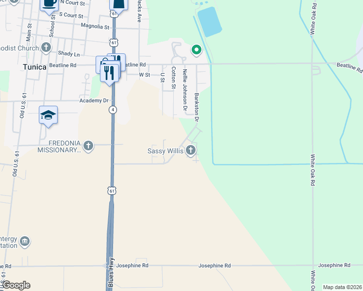 map of restaurants, bars, coffee shops, grocery stores, and more near 1219-1295 Henderson Meadows Drive in Tunica