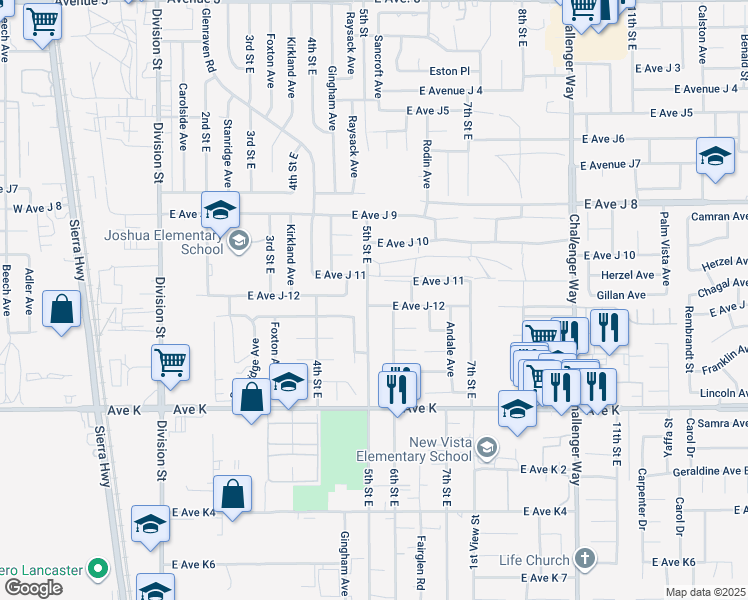 map of restaurants, bars, coffee shops, grocery stores, and more near 43804 5th Street East in Lancaster