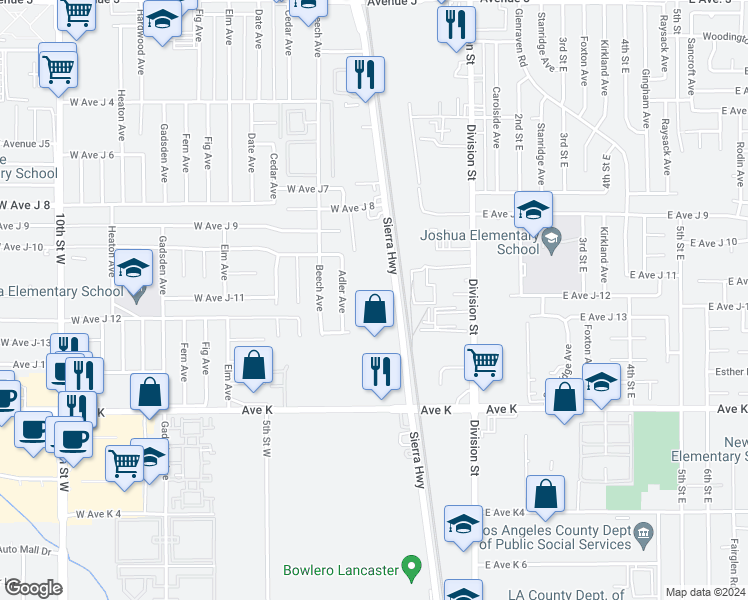 map of restaurants, bars, coffee shops, grocery stores, and more near 43813 Sierra Highway in Lancaster