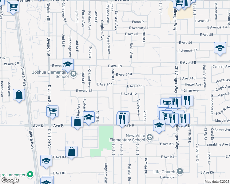map of restaurants, bars, coffee shops, grocery stores, and more near 43804 5th Street East in Lancaster