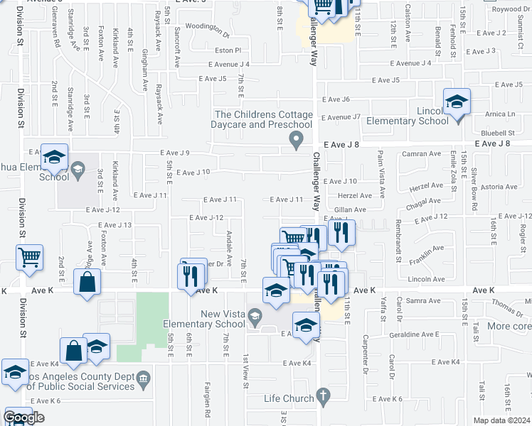 map of restaurants, bars, coffee shops, grocery stores, and more near 739 East Avenue J-12 in Lancaster