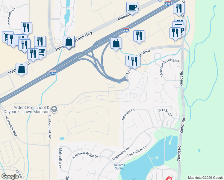 map of restaurants, bars, coffee shops, grocery stores, and more near Dunlop Boulevard Southwest in Madison