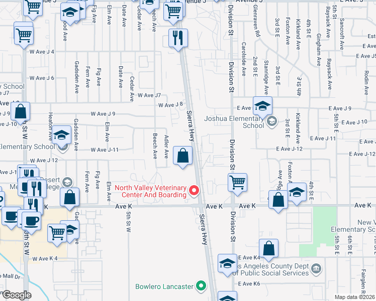 map of restaurants, bars, coffee shops, grocery stores, and more near 43813 Sierra Highway in Lancaster