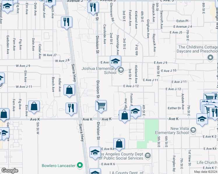 map of restaurants, bars, coffee shops, grocery stores, and more near 2 East Avenue J-12 in Lancaster