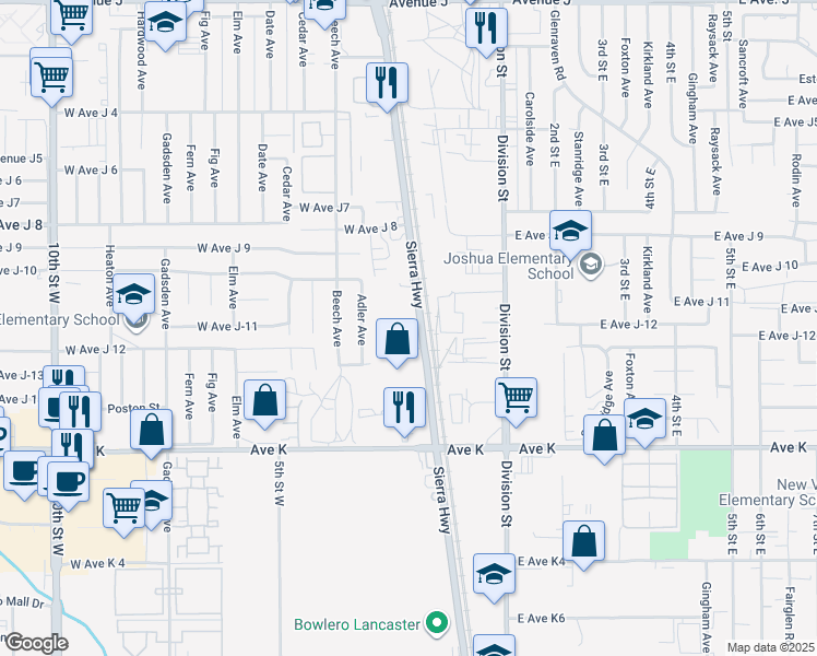 map of restaurants, bars, coffee shops, grocery stores, and more near 43745 Sierra Highway in Lancaster