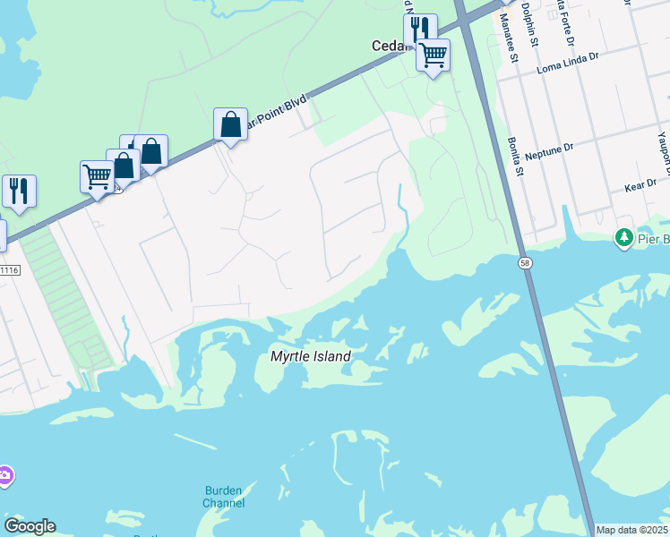 map of restaurants, bars, coffee shops, grocery stores, and more near 157 Magens Way in Cedar Point
