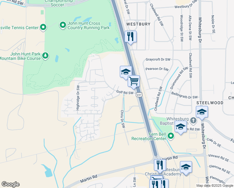 map of restaurants, bars, coffee shops, grocery stores, and more near 4117 Hunters Ridge Drive Southwest in Huntsville