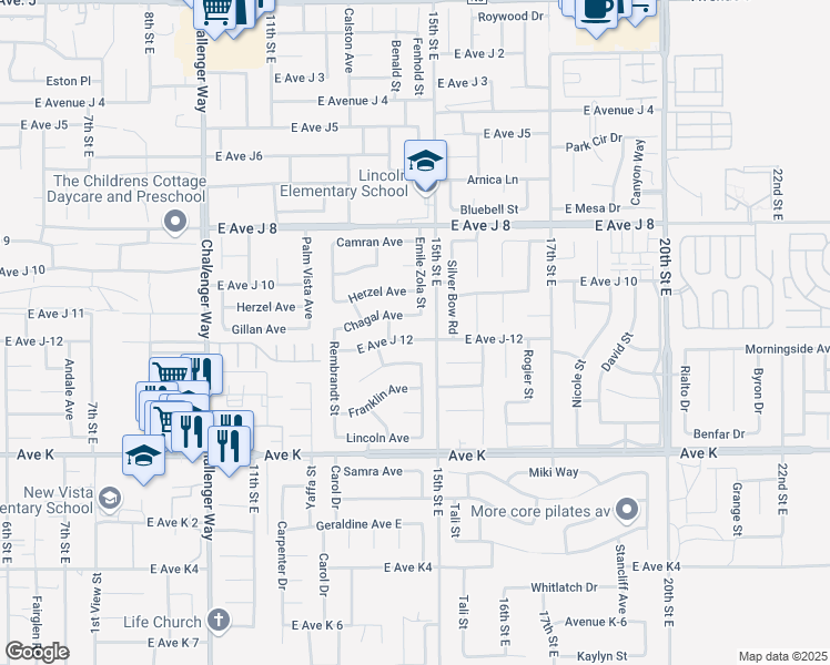 map of restaurants, bars, coffee shops, grocery stores, and more near 1341 East Avenue J 12 in Lancaster