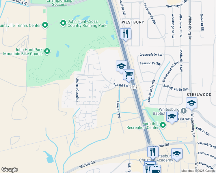 map of restaurants, bars, coffee shops, grocery stores, and more near 4001 Hunters Ridge Circle Southwest in Huntsville